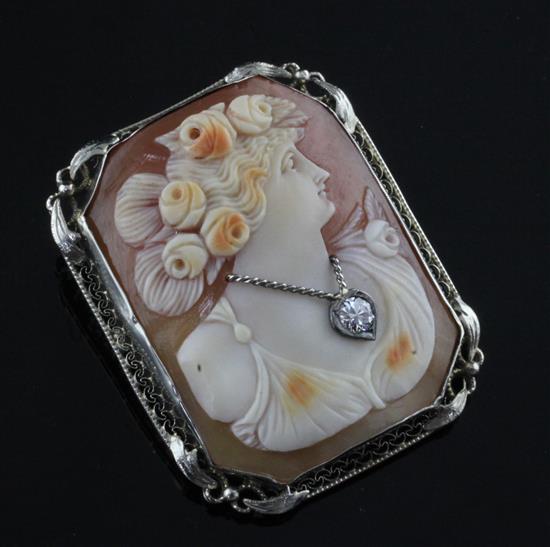 A 14ct gold mounted and diamond inset cameo brooch, 1.5in.